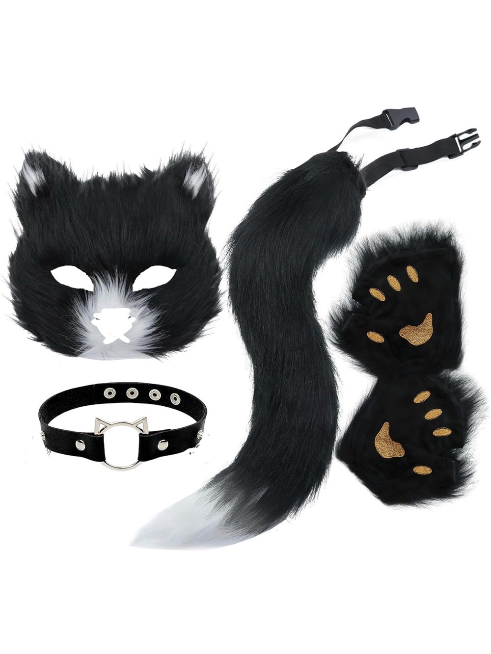 5 pc Furry Costume Therian Mask and Tail Kit, Atiofber Paws Gloves